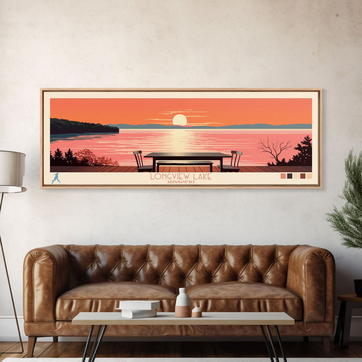 Longview Lake, Missouri Panoramic Wall Art Framed Canvas Print, Midcentury Modern, Pop Art, Home Decor, Travel Poster, Living Room Art