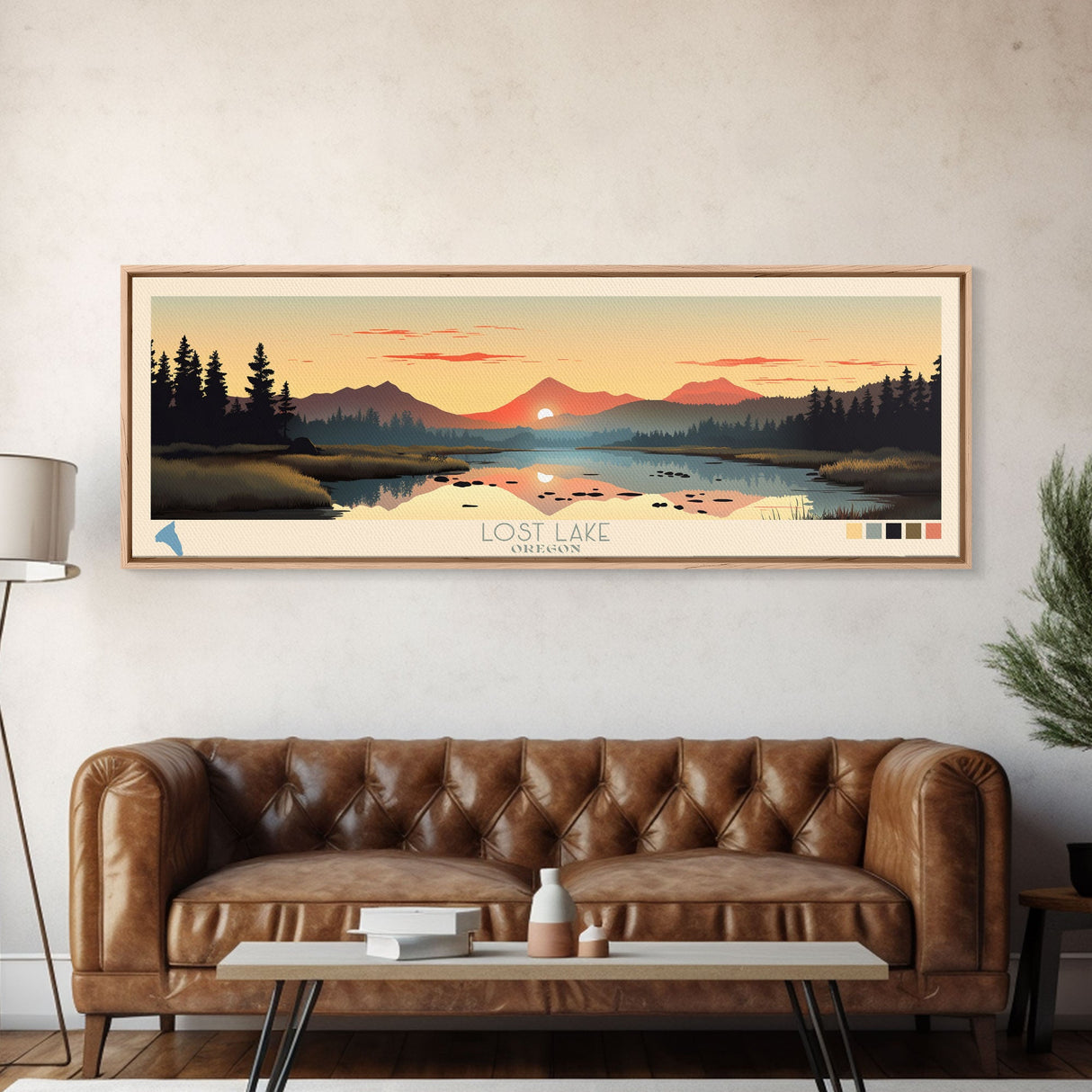 Lost Lake, Oregon Panoramic Wall Art Framed Canvas Print, Midcentury Modern, Pop Art, Home Decor, Travel Poster, Bedroom Art