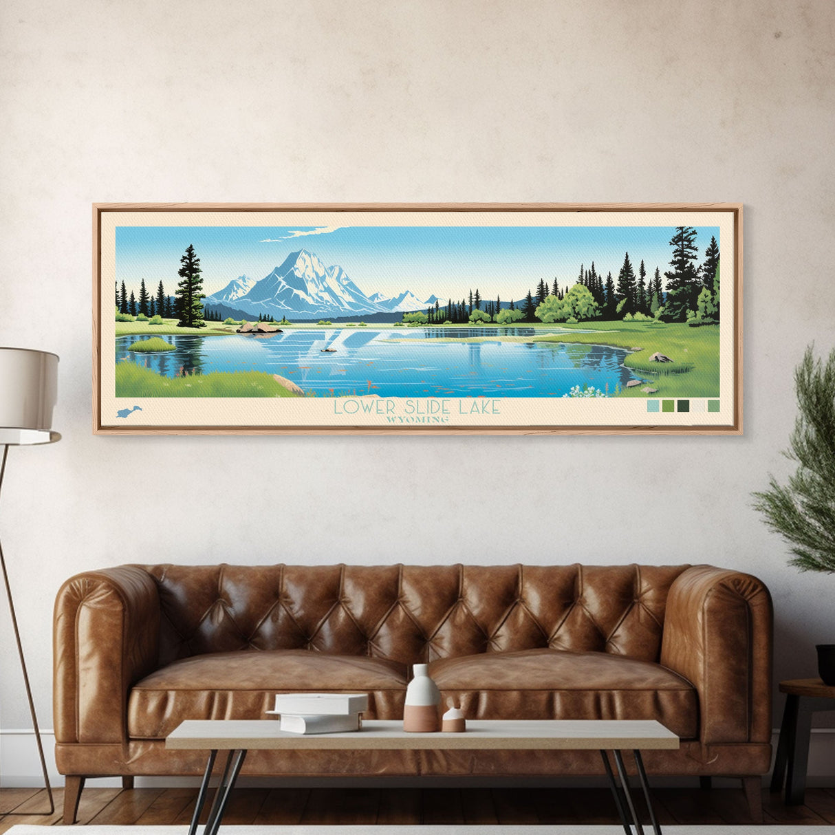 Lower Slide Lake, Wyoming Panoramic Wall Art Framed Canvas Print, Midcentury Modern, Pop Art, Home Decor, Travel Poster, Living Room Art