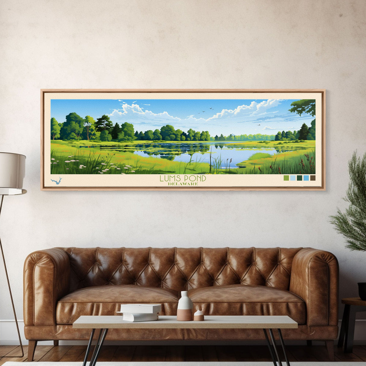 Lums Pond, Delaware Panoramic Wall Art Framed Canvas Print, Midcentury Modern, Pop Art, Home Decor, Travel Poster, Living Room Art