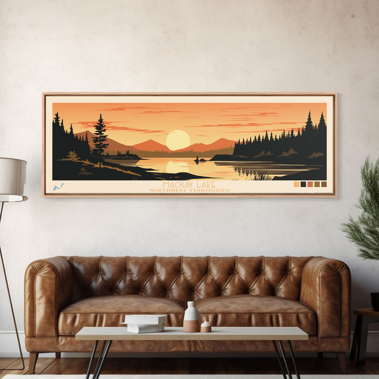 MacKay Lake, Northwest Territories Panoramic Wall Art Framed Canvas Print, Midcentury Modern, Pop Art, Home Decor, Travel Poster, Bedroom Art