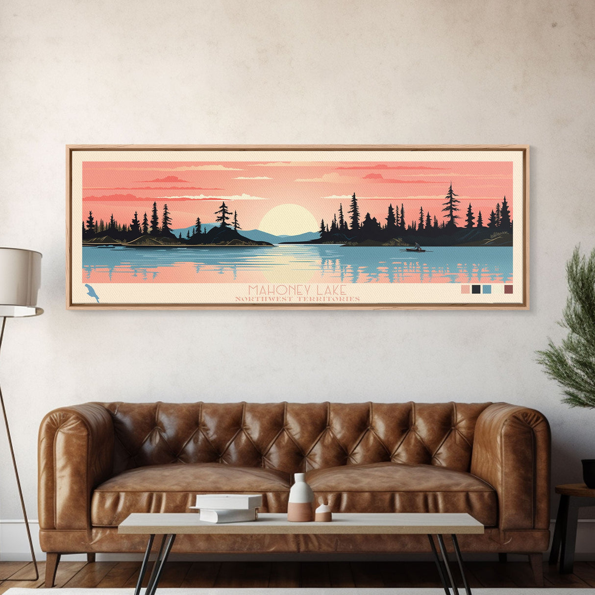 Mahoney Lake, Northwest Territories Panoramic Wall Art Framed Canvas Print, Midcentury Modern, Pop Art, Home Decor, Travel Poster, Living Room Art