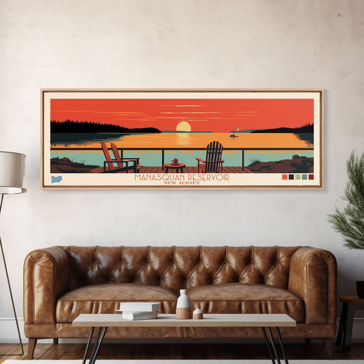 Manasquan Reservoir, New Jersey Panoramic Wall Art Framed Canvas Print, Midcentury Modern, Pop Art, Home Decor, Travel Poster, Living Room Art