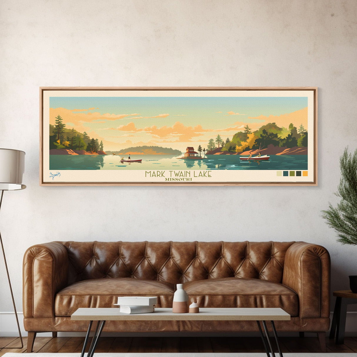 Mark Twain Lake, Missouri Panoramic Wall Art Framed Canvas Print, Midcentury Modern, Pop Art, Home Decor, Travel Poster, Bedroom Art