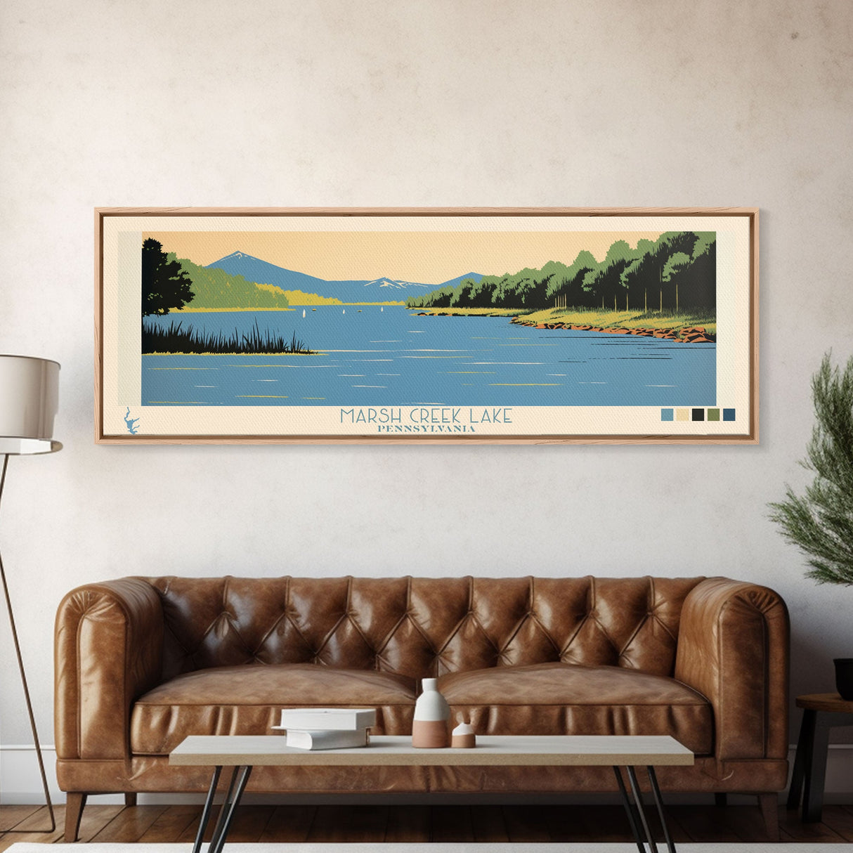 Marsh Creek Lake, Pennsylvania Panoramic Wall Art Framed Canvas Print, Midcentury Modern, Pop Art, Home Decor, Travel Poster, Bedroom Art