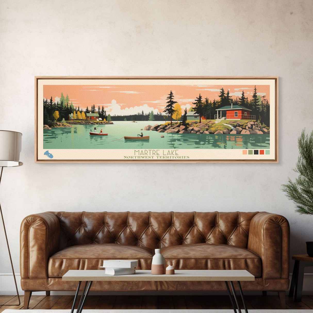 Martre Lake, Northwest Territories Panoramic Wall Art Framed Canvas Print, Midcentury Modern, Pop Art, Home Decor, Travel Poster, Living Room Art