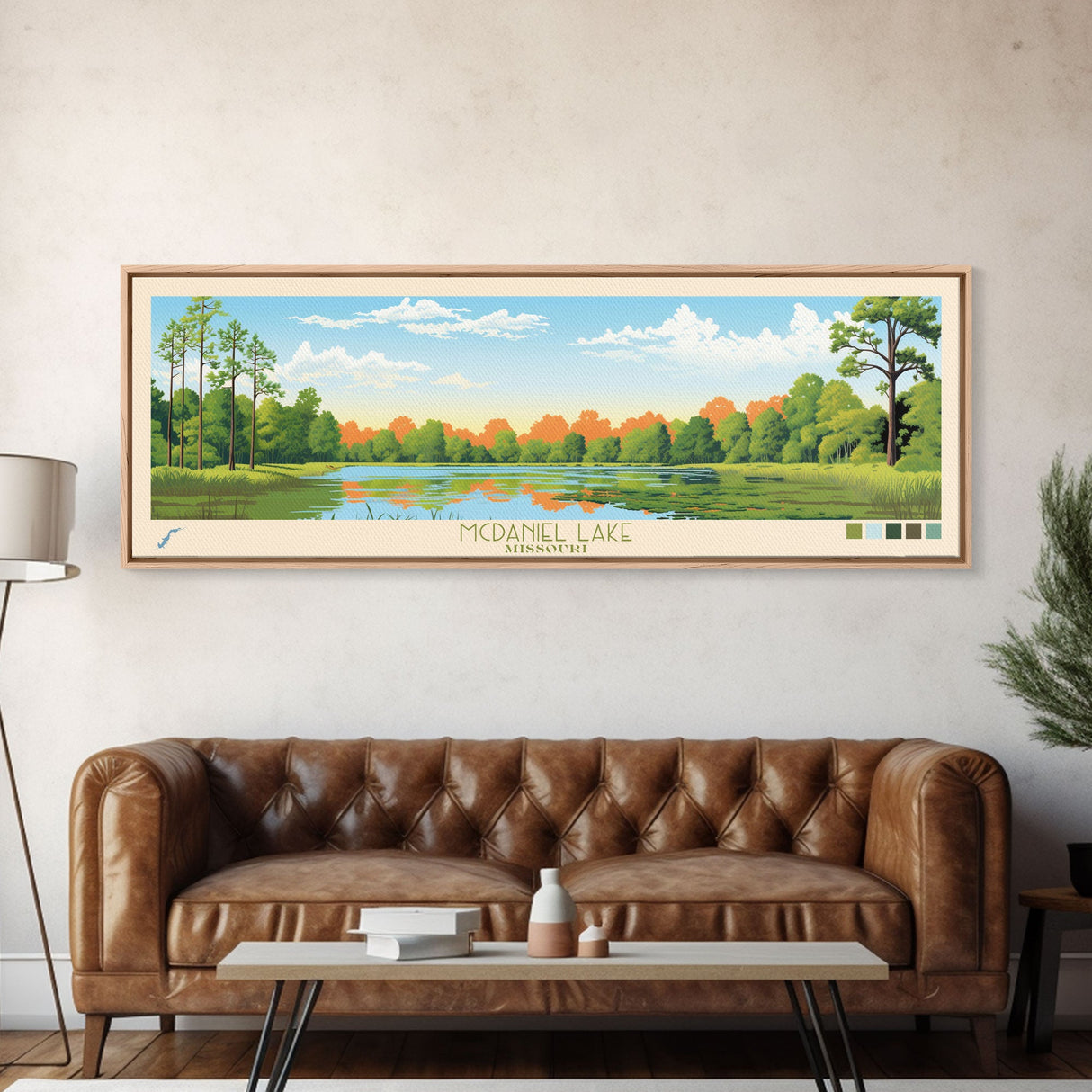 McDaniel Lake, Missouri Panoramic Wall Art Framed Canvas Print, Midcentury Modern, Pop Art, Home Decor, Travel Poster, Living Room Art