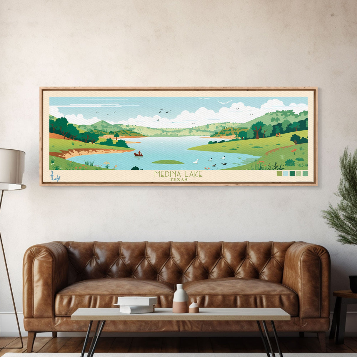 Medina Lake, Texas Panoramic Wall Art Framed Canvas Print, Midcentury Modern, Pop Art, Home Decor, Travel Poster, Bedroom Art