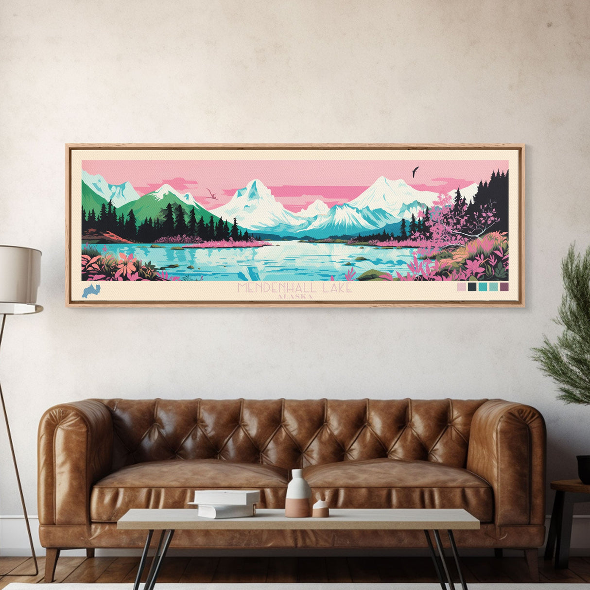 Mendenhall Lake, Alaska Panoramic Wall Art Framed Canvas Print, Midcentury Modern, Pop Art, Home Decor, Travel Poster, Living Room Art