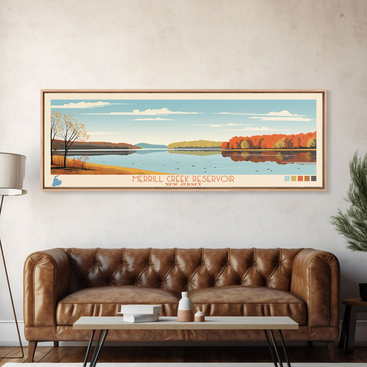 Merrill Creek Reservoir, New Jersey Panoramic Wall Art Framed Canvas Print, Midcentury Modern, Pop Art, Home Decor, Travel Poster, Living Room Art