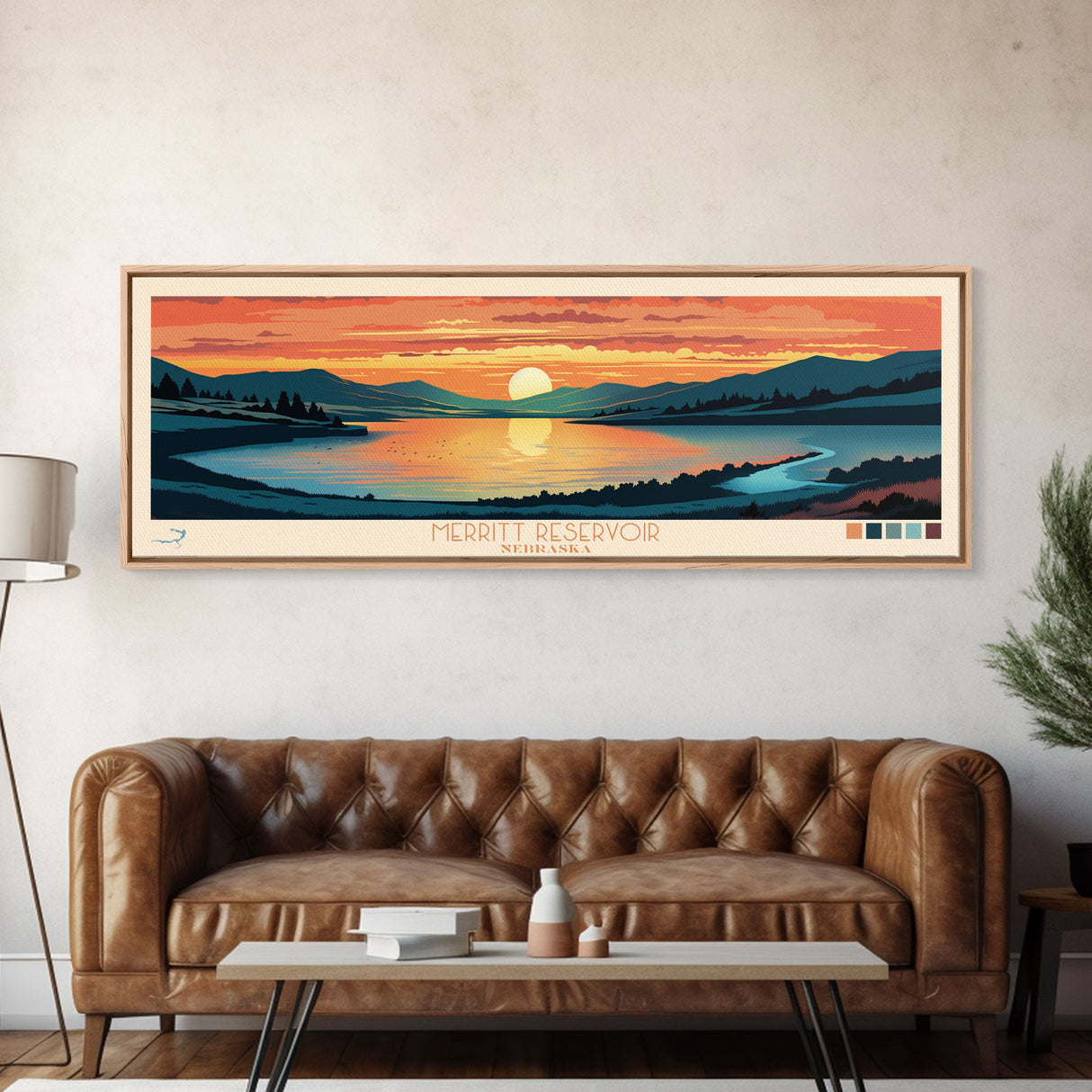 Merritt Reservoir, Nebraska Panoramic Wall Art Framed Canvas Print, Midcentury Modern, Pop Art, Home Decor, Travel Poster, Bedroom Art