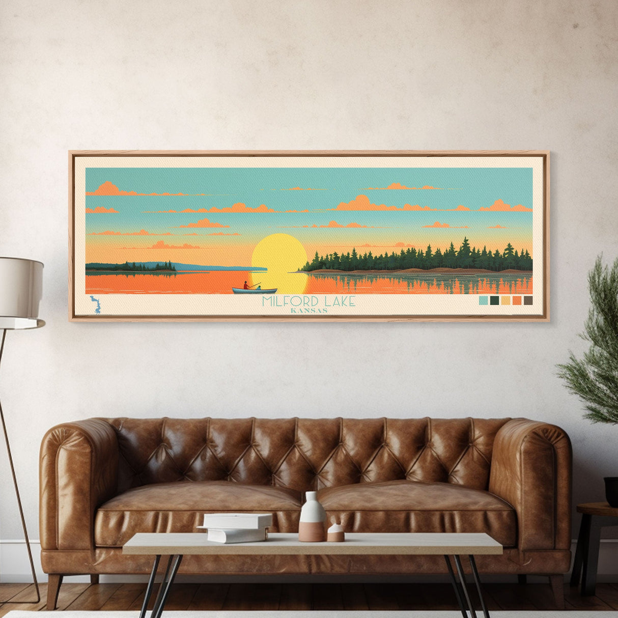 Milford Lake, Kansas Panoramic Wall Art Framed Canvas Print, Midcentury Modern, Pop Art, Home Decor, Travel Poster, Living Room Art