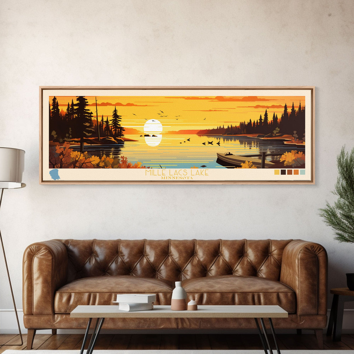 Mille Lacs Lake, Minnesota Framed Canvas Print, Panoramic Wall Art, Midcentury Modern, Pop Art, Home Decor, Travel Poster, Living Room Art