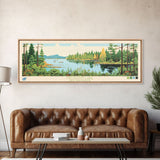 Mistastin Lake, New Brunswick Framed Canvas Print, Panoramic Wall Art, Midcentury Modern, Pop Art, Home Decor, Travel Poster, Living Room Art