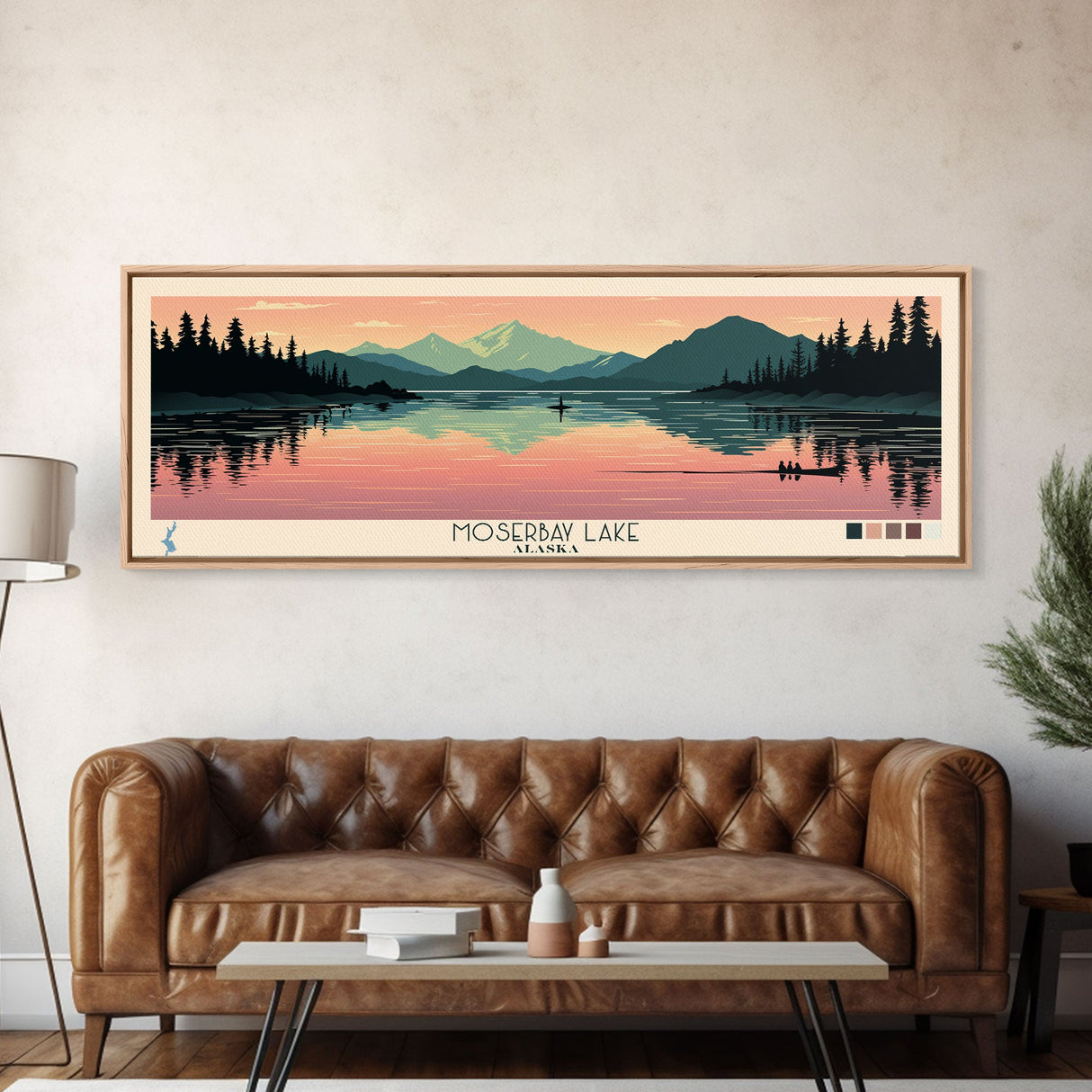 Moser Bay Lake, Alaska Framed Canvas Print, Panoramic Wall Art, Midcentury Modern, Pop Art, Home Decor, Travel Poster, Living Room Art