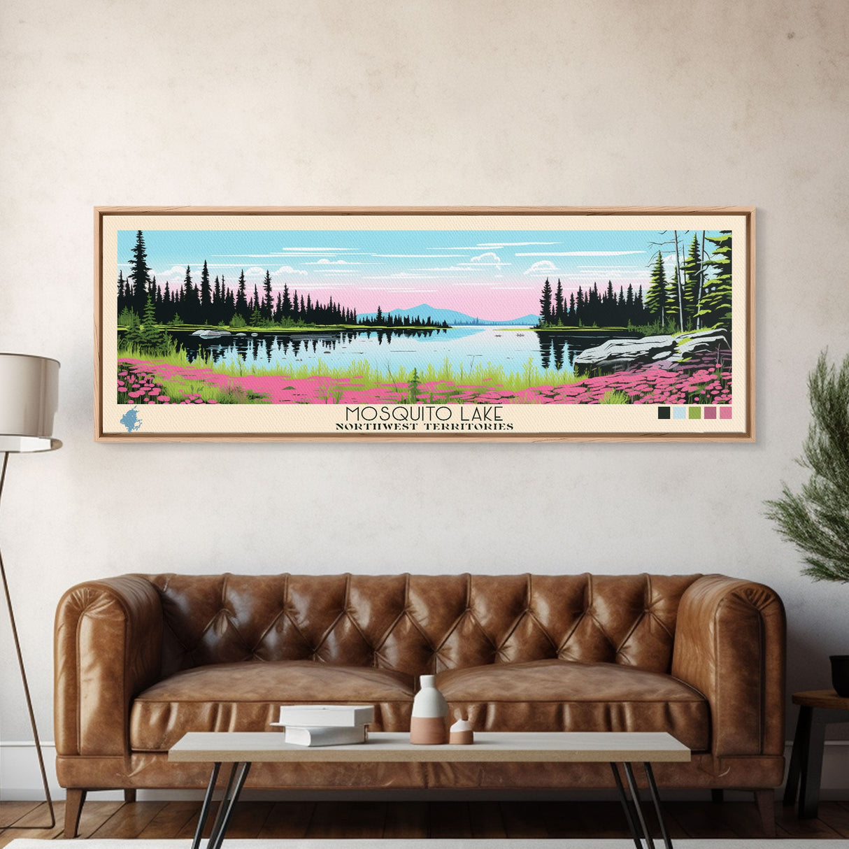 Mosquito Lake, Northwest Territories Framed Canvas Print, Panoramic Wall Art, Midcentury Modern, Pop Art, Home Decor, Travel Poster, Bedroom Art