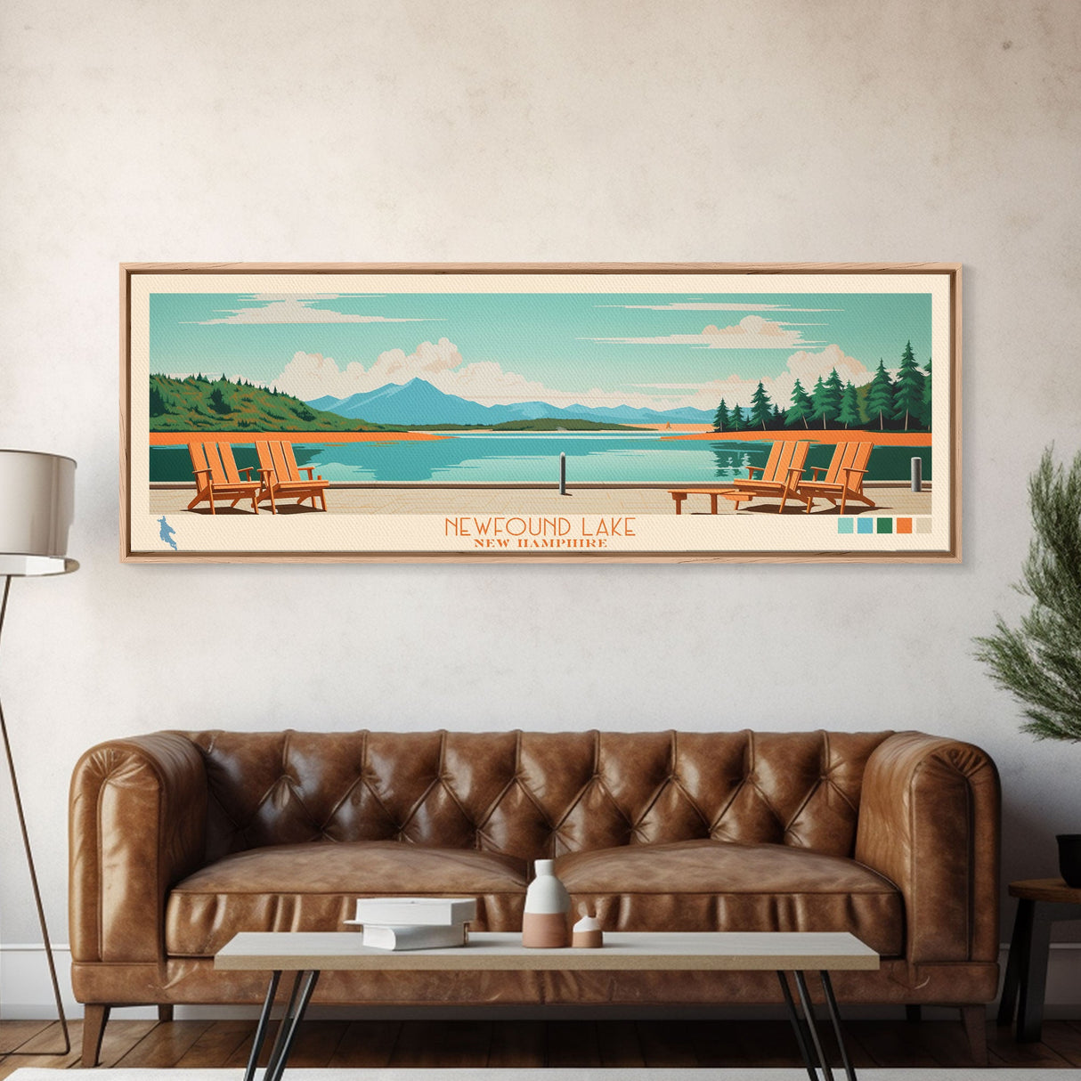 Newfound Lake, New Hampshire Framed Canvas Print, Panoramic Wall Art, Midcentury Modern, Pop Art, Home Decor, Travel Poster, Living Room Art