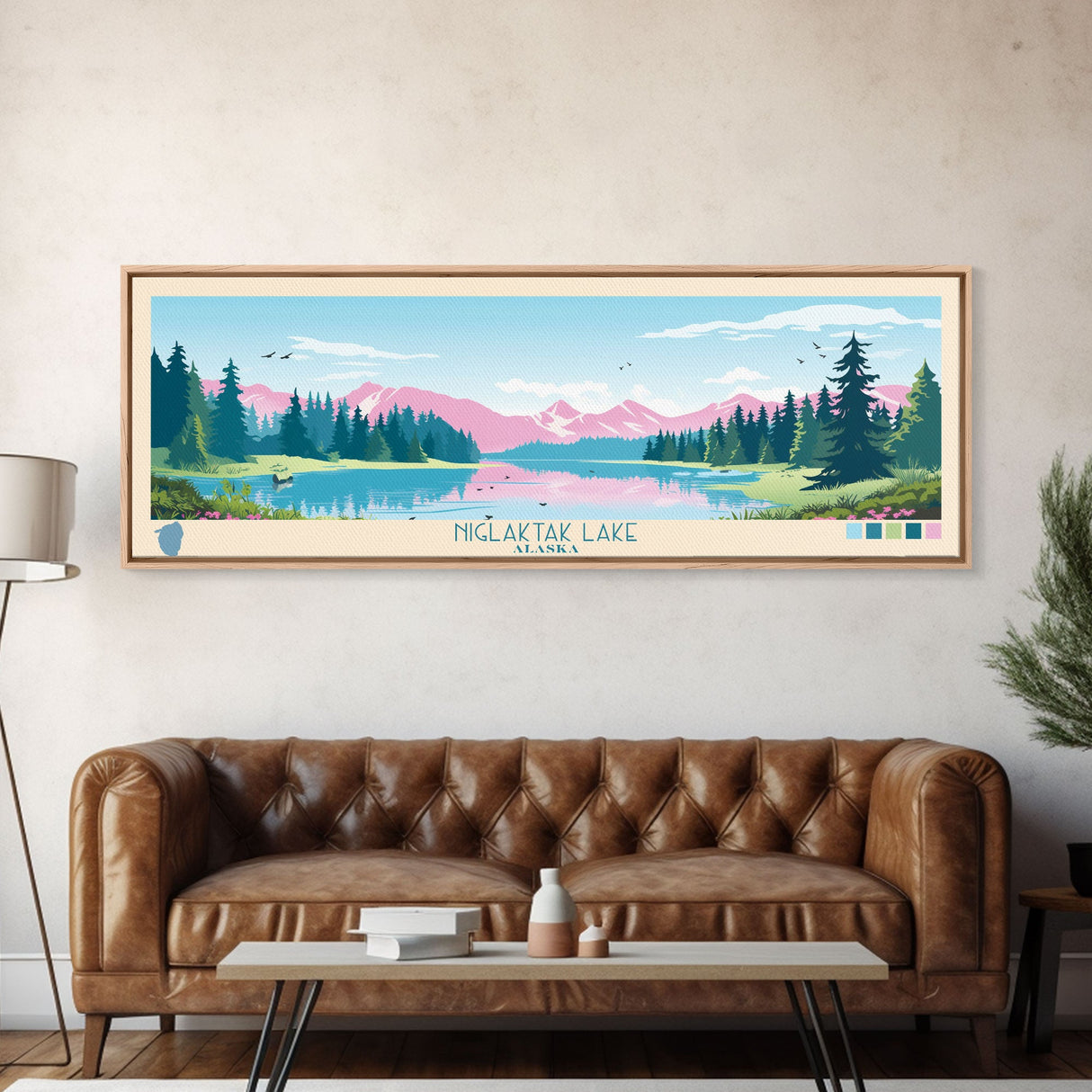 Niglaktak Lake, Alaska Framed Canvas Print, Panoramic Wall Art, Midcentury Modern, Pop Art, Home Decor, Travel Poster, Bedroom Art