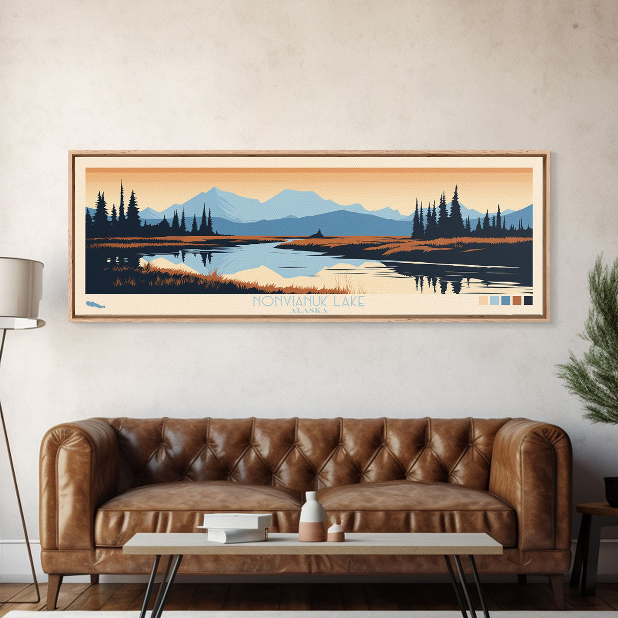 Nonvianuk Lake, Alaska Framed Canvas Print, Panoramic Wall Art, Midcentury Modern, Pop Art, Home Decor, Travel Poster, Living Room Art