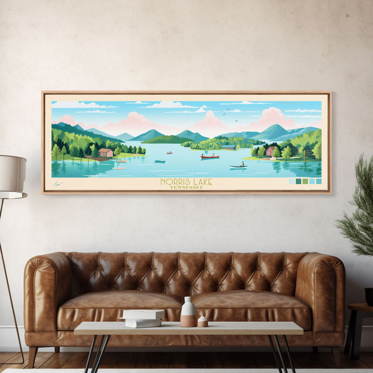 Norris Lake, Tennessee Framed Canvas Print, Panoramic Wall Art, Midcentury Modern, Pop Art, Home Decor, Travel Poster, Living Room Art