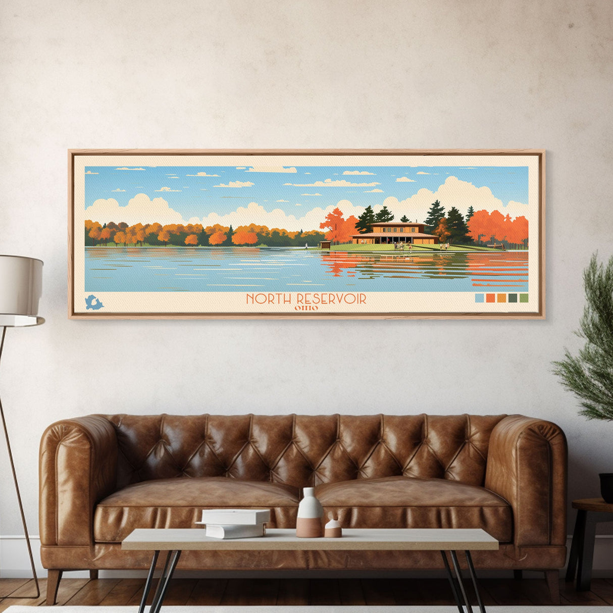 North Reservoir, Ohio Framed Canvas Print, Panoramic Wall Art, Midcentury Modern, Pop Art, Home Decor, Travel Poster, Living Room Art