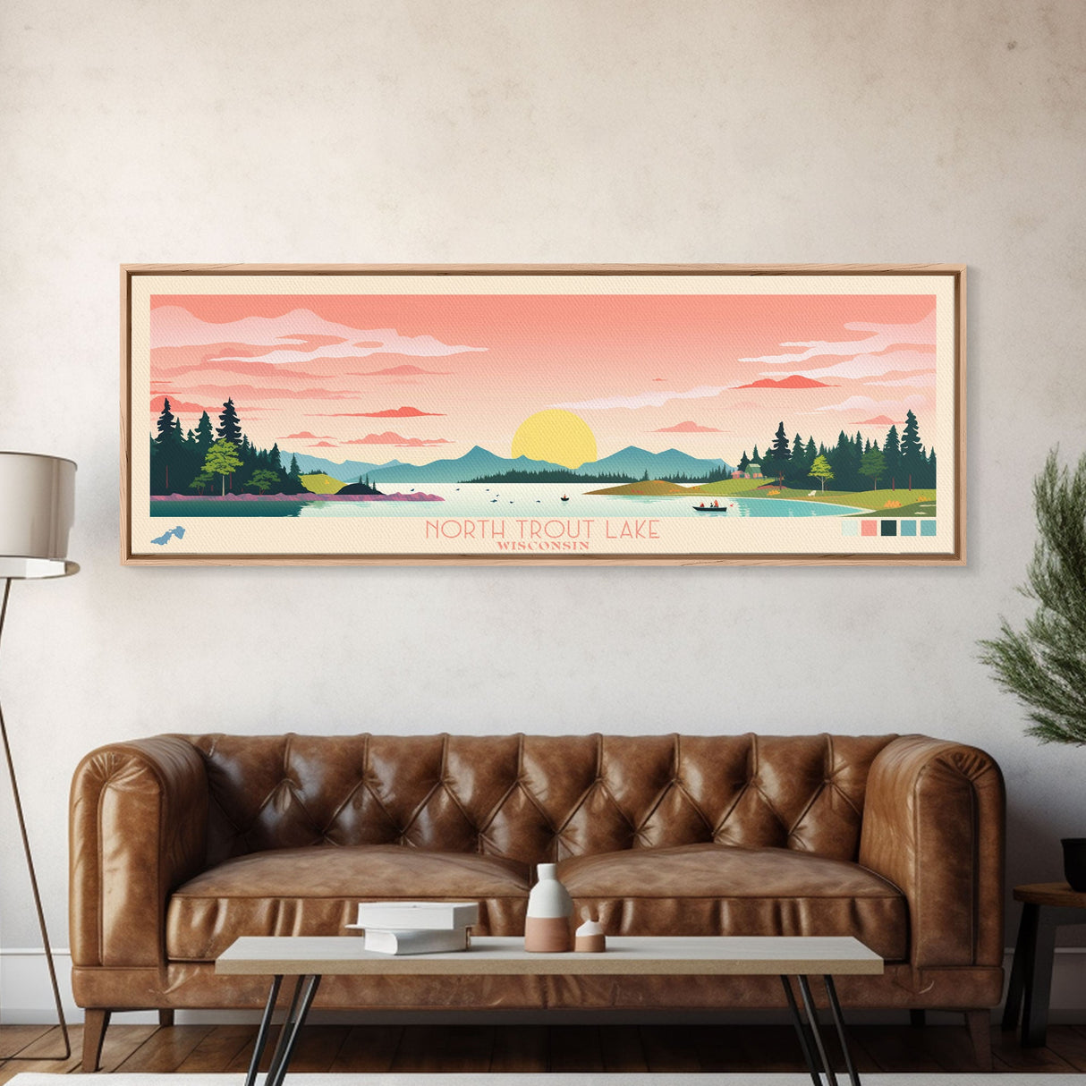 North South Lake, New York Framed Canvas Print, Panoramic Wall Art, Midcentury Modern, Pop Art, Home Decor, Travel Poster, Bedroom Art