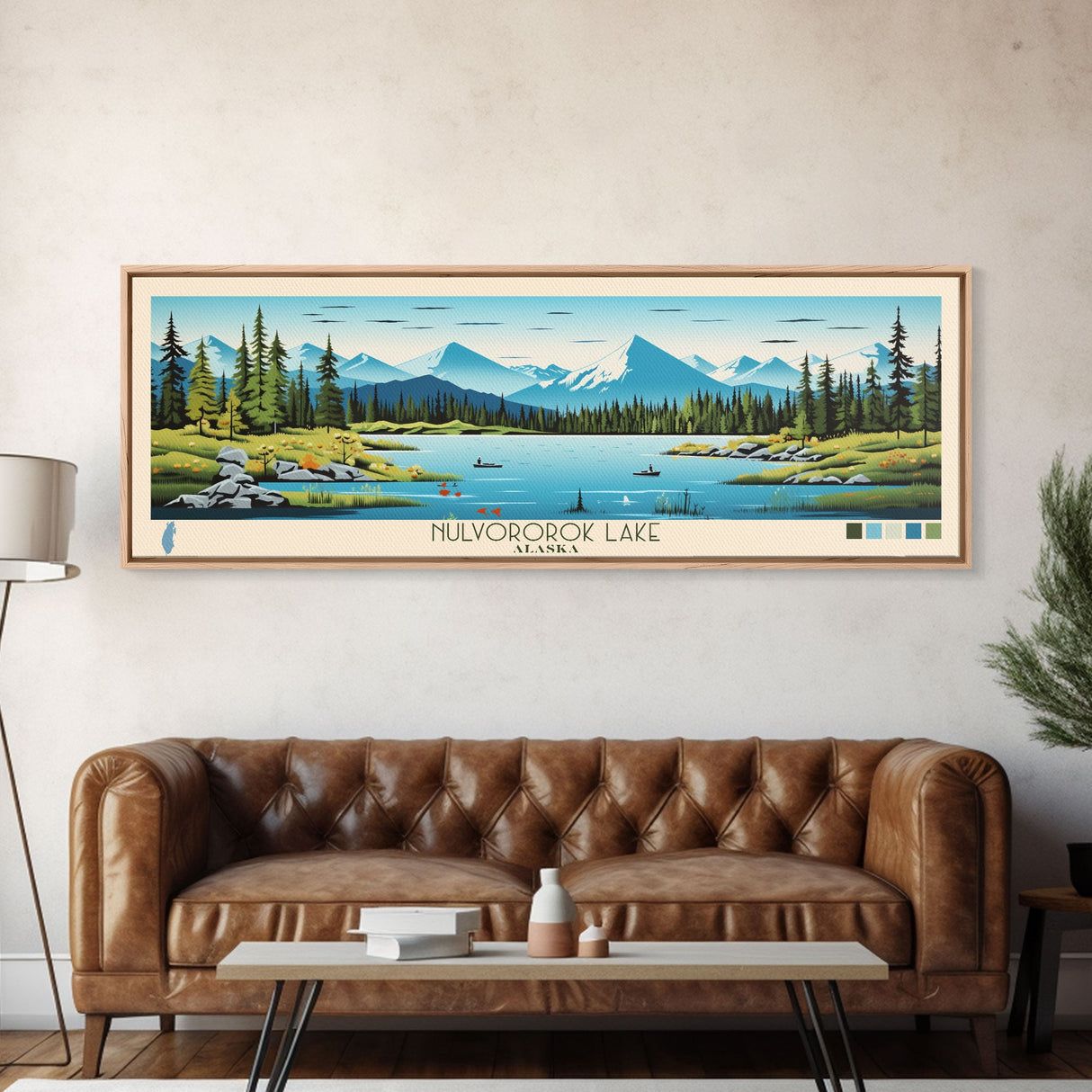 Nulvororok Lake, Alaska Framed Canvas Print, Panoramic Wall Art, Midcentury Modern, Pop Art, Home Decor, Travel Poster, Living Room Art