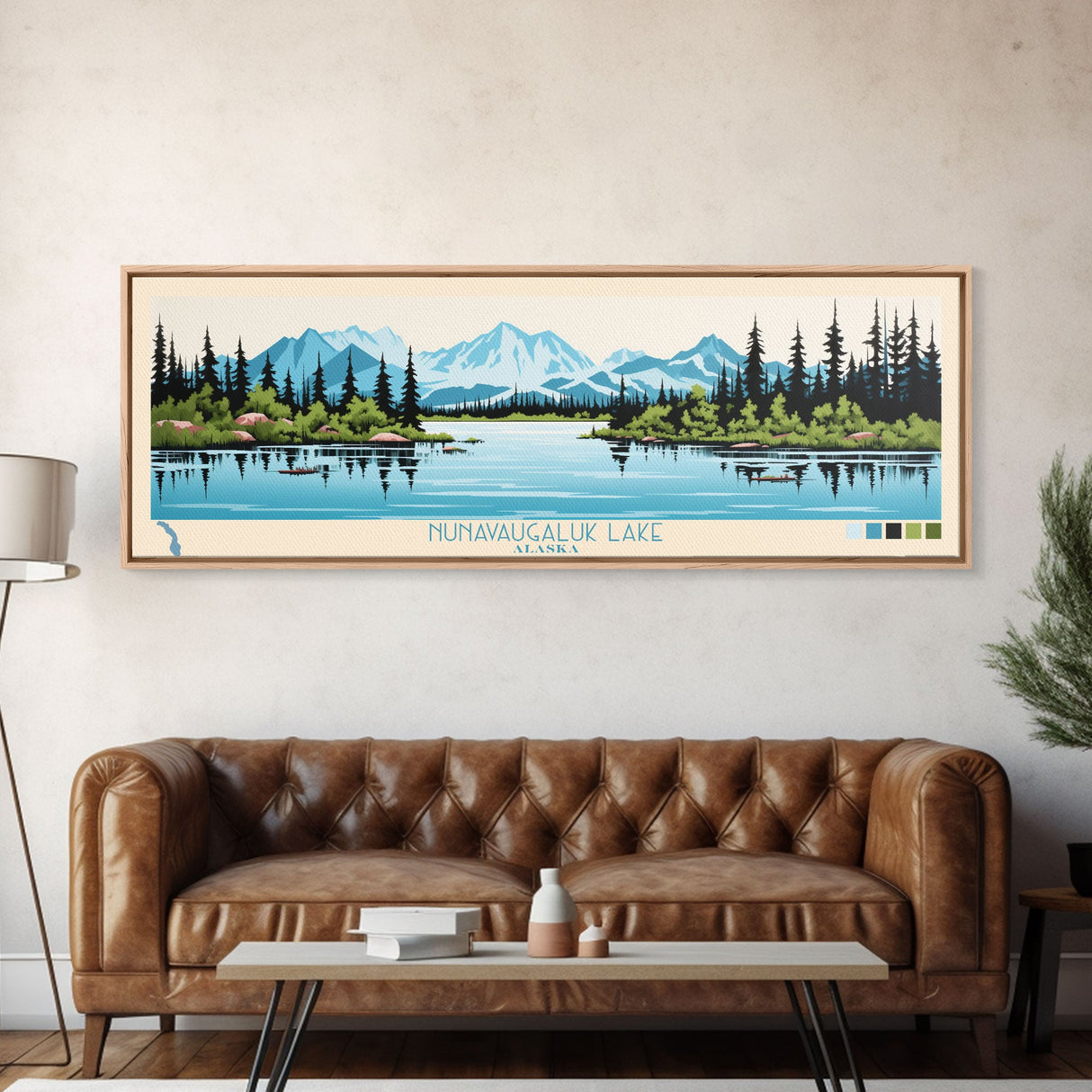 Nunavaugaluk Lake, Alaska Framed Canvas Print, Panoramic Wall Art, Midcentury Modern, Pop Art, Home Decor, Travel Poster, Living Room Art