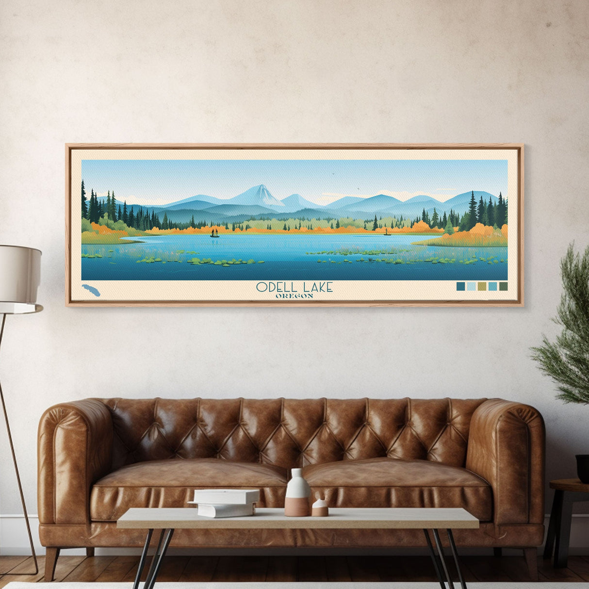 Odell Lake, Oregon Framed Canvas Print, Panoramic Wall Art, Midcentury Modern, Pop Art, Home Decor, Travel Poster, Living Room Art