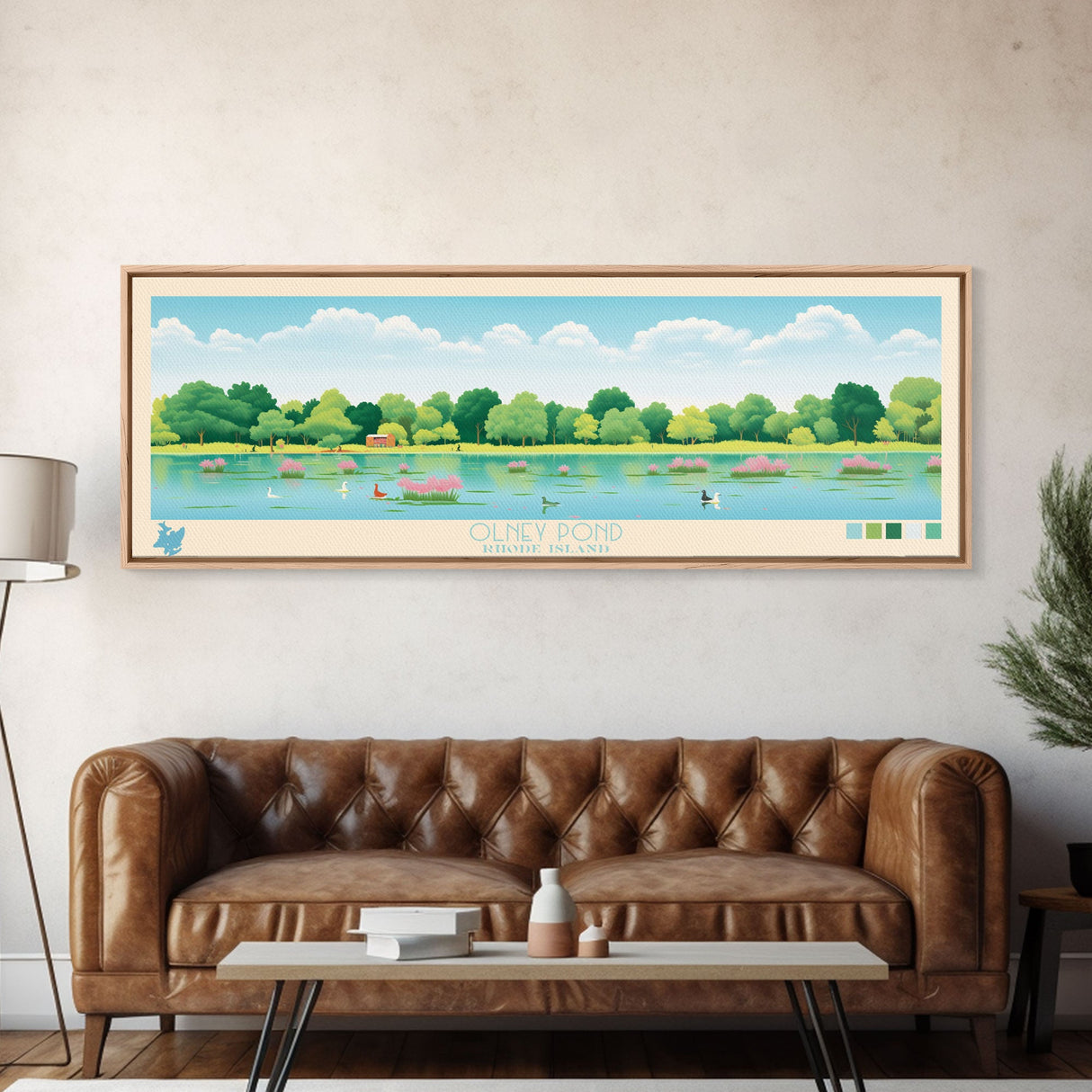 Olney Pond, Rhode Island Framed Canvas Print, Panoramic Wall Art, Midcentury Modern, Pop Art, Home Decor, Travel Poster, Living Room Art