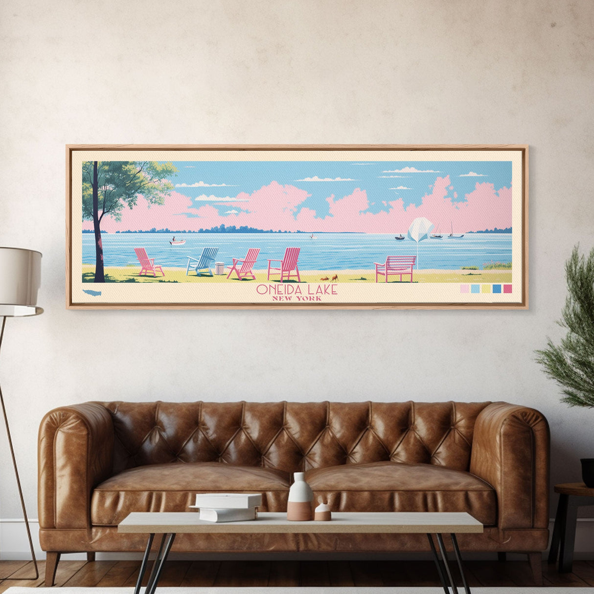 Oneida Lake, New York Framed Canvas Print, Panoramic Wall Art, Midcentury Modern, Pop Art, Home Decor, Travel Poster, Bedroom Art