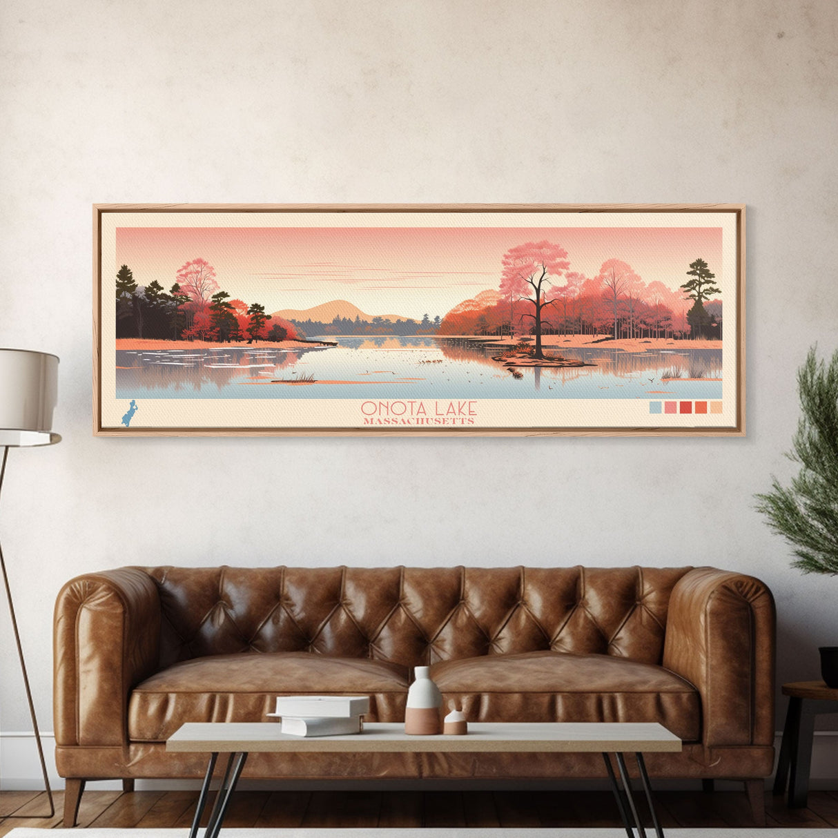 Onota Lake, Massachusetts Framed Canvas Print, Panoramic Wall Art, Midcentury Modern, Pop Art, Home Decor, Travel Poster, Living Room Art