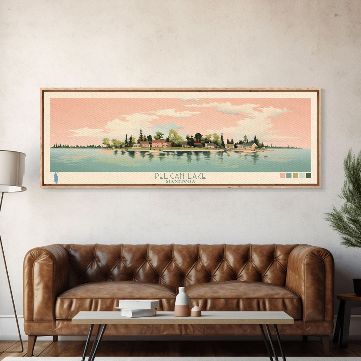 Pelican Lake, Manitoba Framed Canvas Print, Panoramic Wall Art, Midcentury Modern, Pop Art, Home Decor, Travel Poster, Bedroom Art