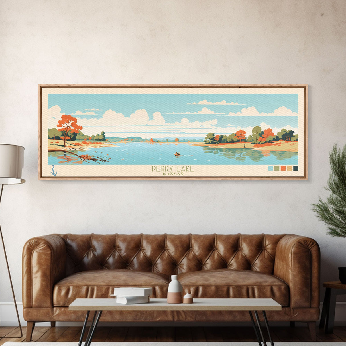 Perry Lake, Kansas Framed Canvas Print, Panoramic Wall Art, Midcentury Modern, Pop Art, Home Decor, Travel Poster, Living Room Art