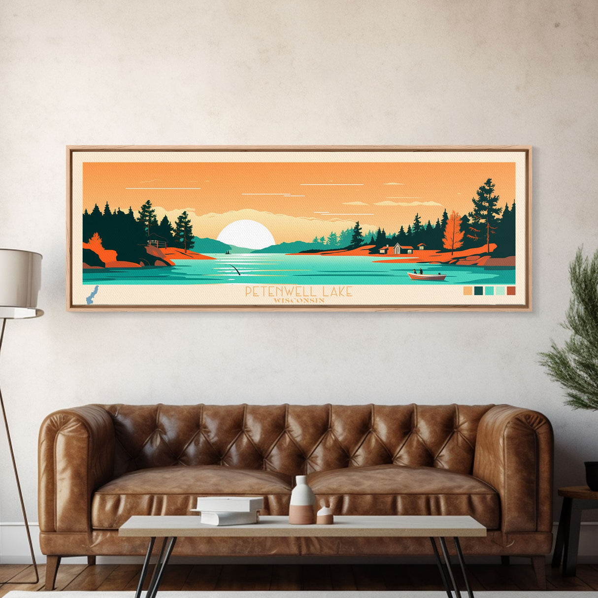 Petenwell Lake, Wisconsin Framed Canvas Print, Panoramic Wall Art, Midcentury Modern, Pop Art, Home Decor, Travel Poster, Bedroom Art