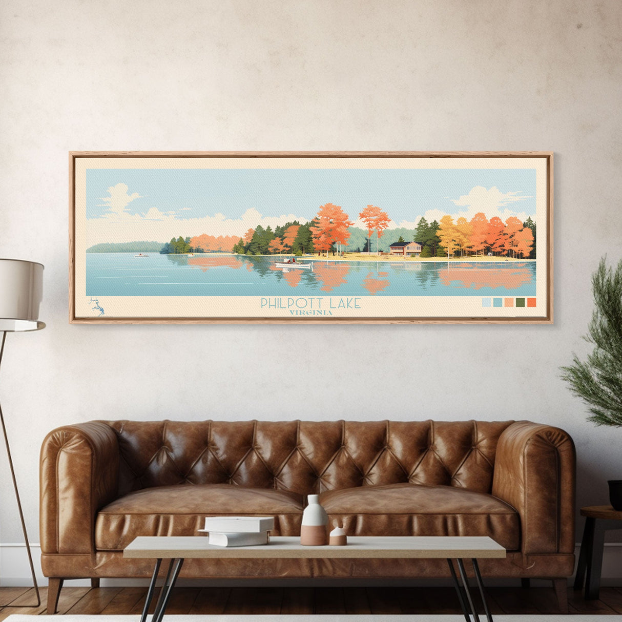 Philpott Lake, Virginia Framed Canvas Print, Panoramic Wall Art, Midcentury Modern, Pop Art, Home Decor, Travel Poster, Living Room Art