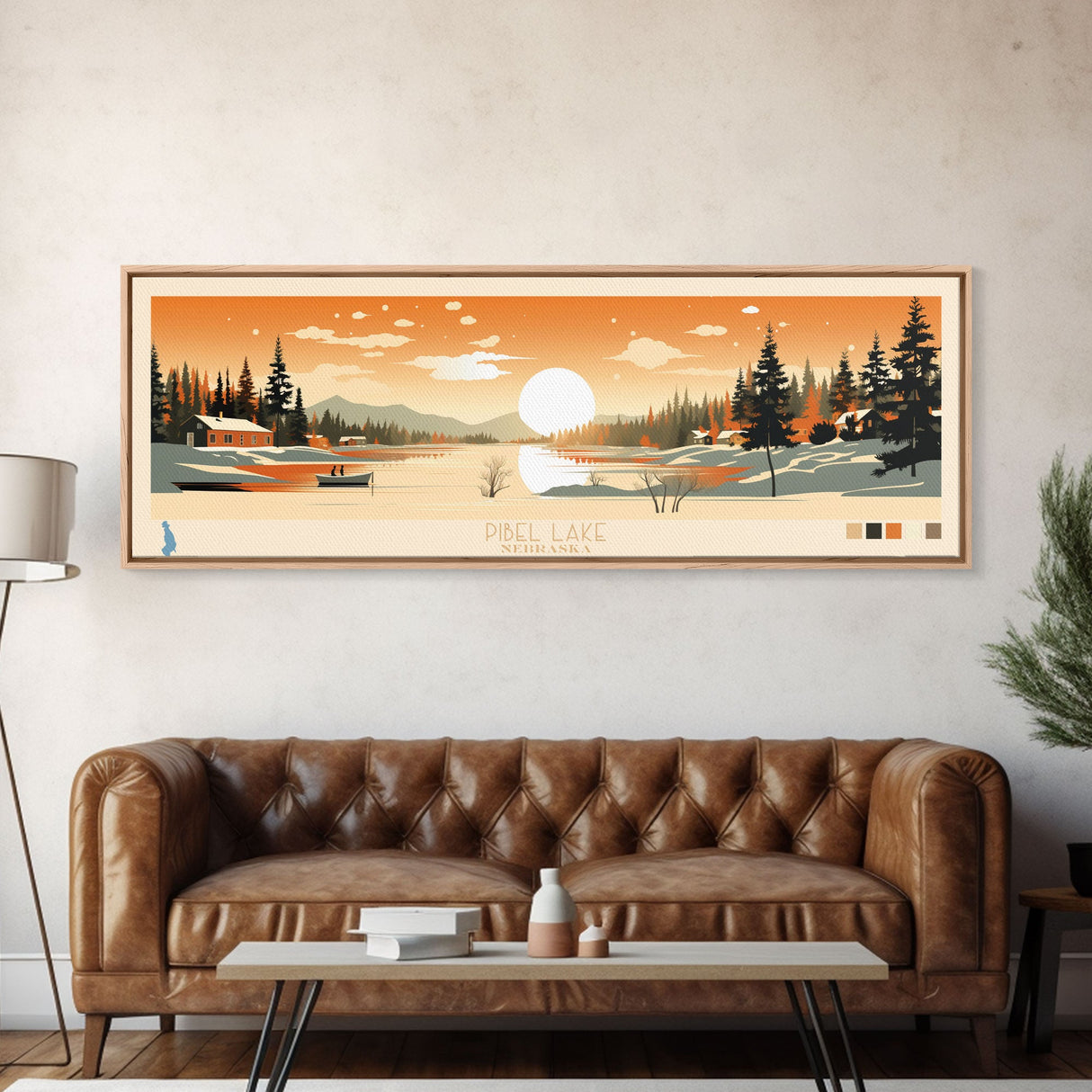 Pibel Lake, Nebraska Framed Canvas Print, Panoramic Wall Art, Midcentury Modern, Pop Art, Home Decor, Travel Poster, Bedroom Art