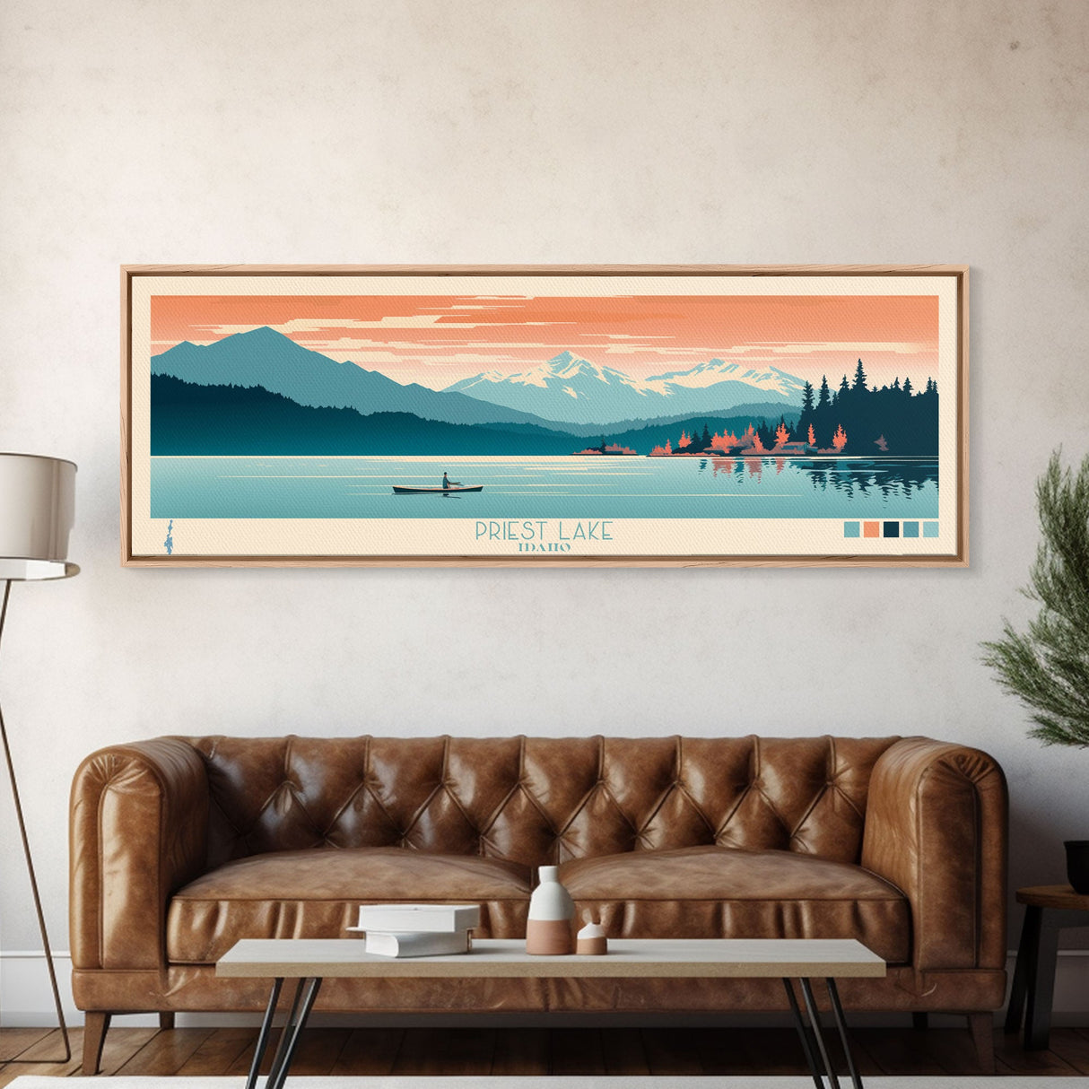 Priest Lake, Idaho Framed Canvas Print, Bedroom Art, Midcentury Modern, Pop Art, Panoramic Wall Art, Travel Poster