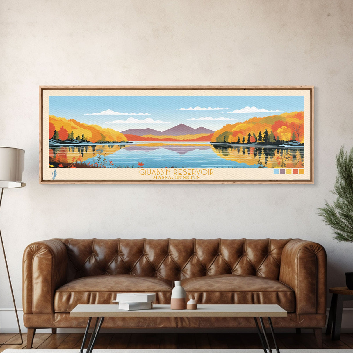 Quabbin Reservoir, Massachusetts Framed Canvas Print, Bedroom Art, Midcentury Modern, Panoramic Travel Poster, Pop Art, Wall Decor