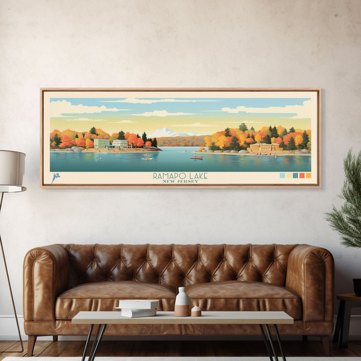 Ramapo Lake, New Jersey Framed Canvas Print, Home Decor, Midcentury Modern, Panoramic Travel Poster, Pop Art, Wall Art