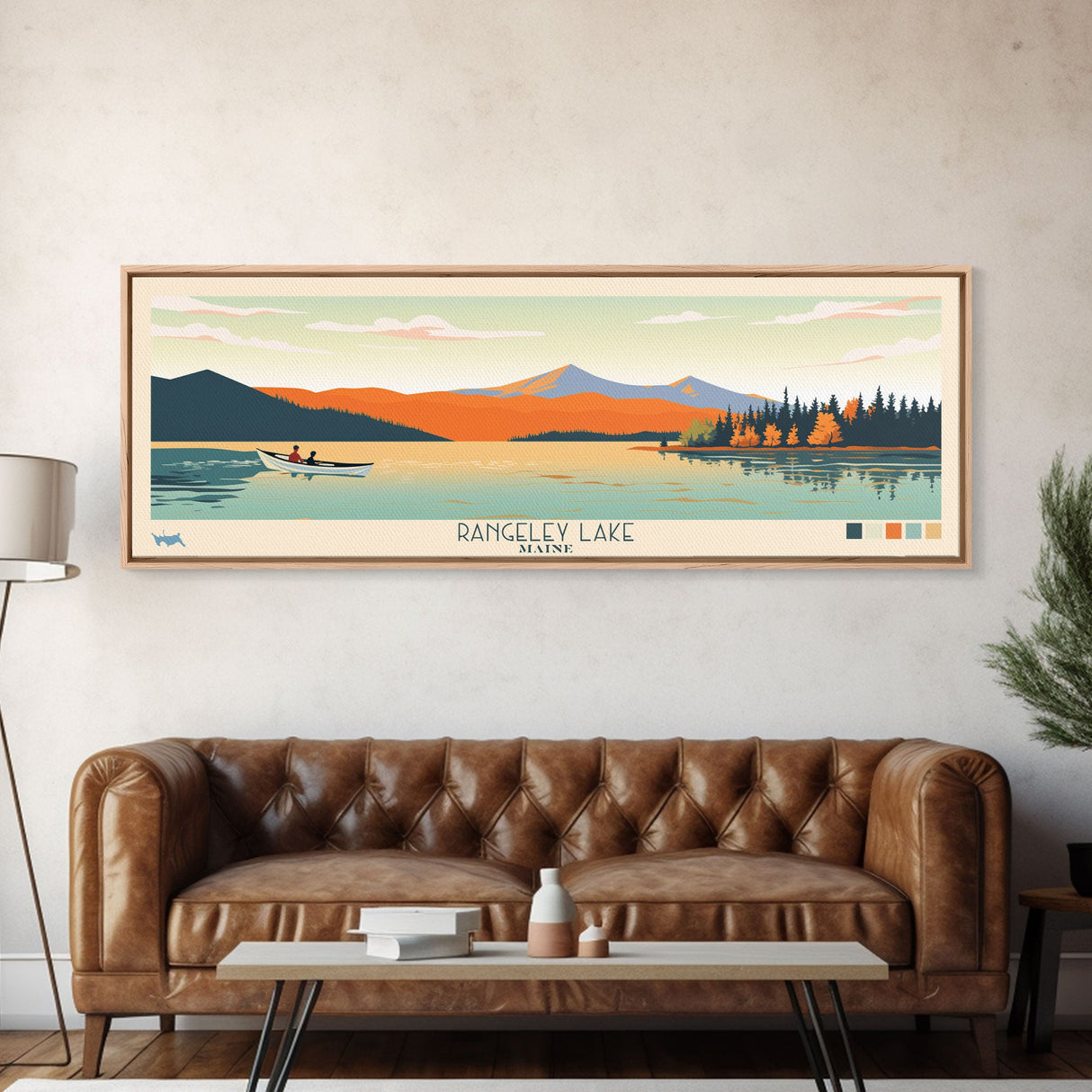 Rangeley Lake, Maine Framed Canvas Print, Bedroom Art, Midcentury Modern, Pop Art, Panoramic Travel Poster, Wall Decor