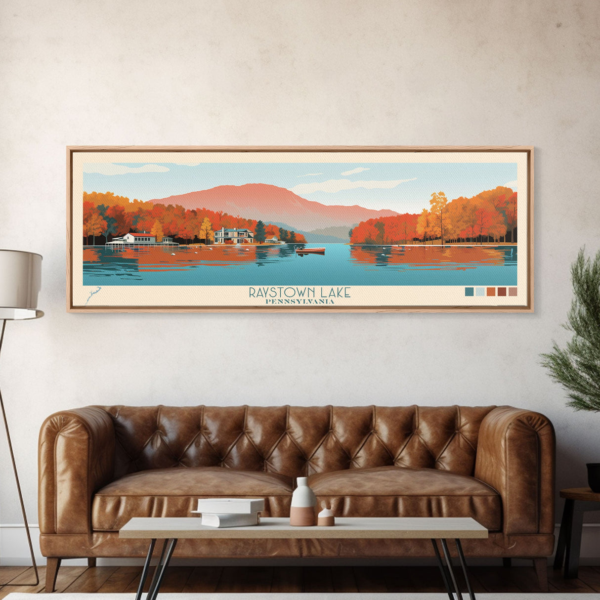 Raystown Lake, Pennsylvania Framed Canvas Print, Living Room Art, Midcentury Modern, Panoramic Travel Poster, Wall Art, Pop Art