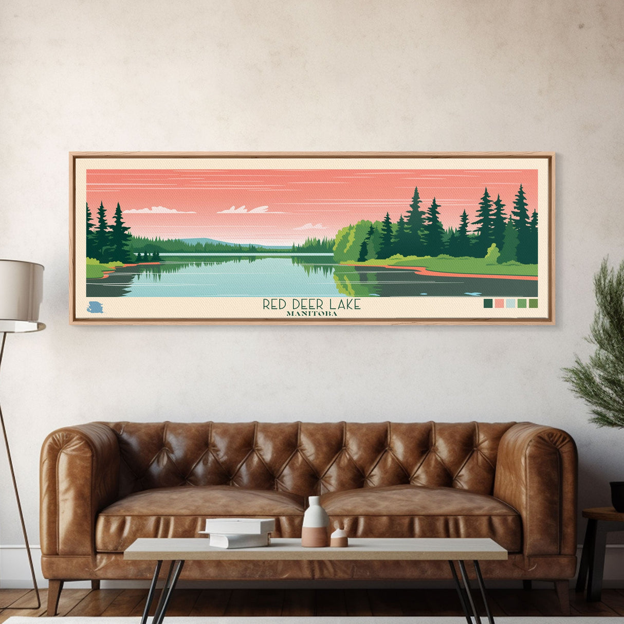 Red Deer Lake, Manitoba Framed Canvas Print, Panoramic Travel Poster, Midcentury Modern Art, Wall Decor, Pop Art, Home Decoration