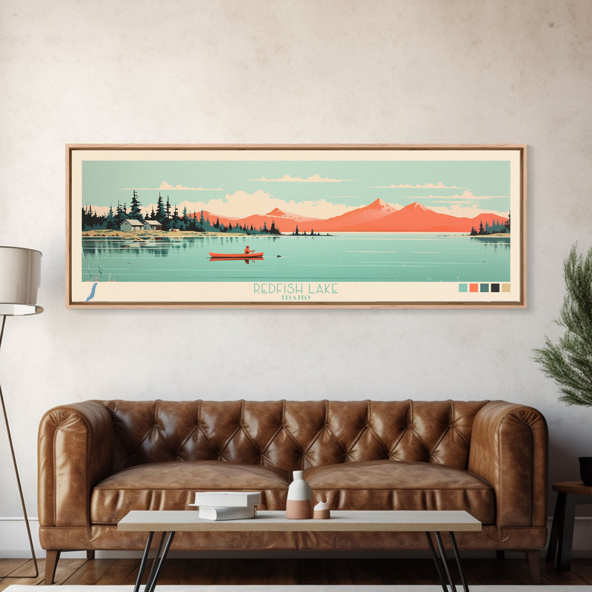 Redfish Lake, Idaho Framed Canvas Print, Panoramic Wall Art, Midcentury Modern Decor, Living Room Art, Pop Art, Travel Poster