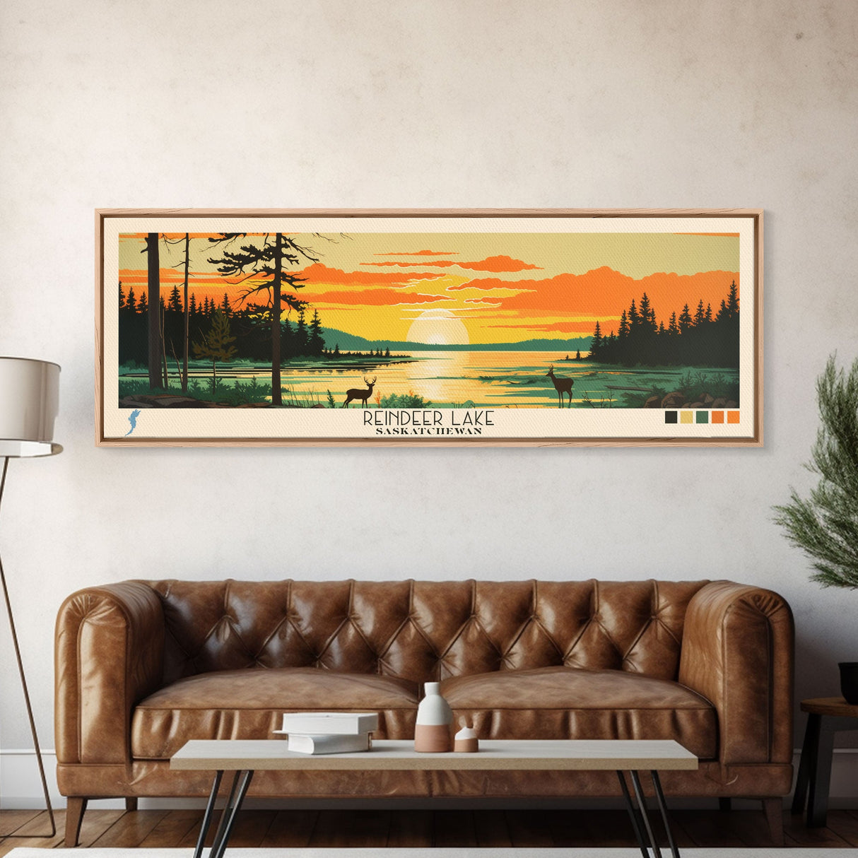 Reindeer Lake, Saskatchewan Framed Canvas Print, Panoramic Travel Poster, Midcentury Modern Art, Bedroom Decor, Pop Art, Wall Decoration