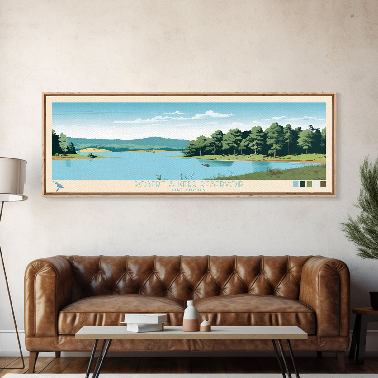 Robert S. Kerr Reservoir, Oklahoma Framed Canvas Print, Panoramic Wall Art, Midcentury Modern Decor, Home Decoration, Pop Art, Travel Poster