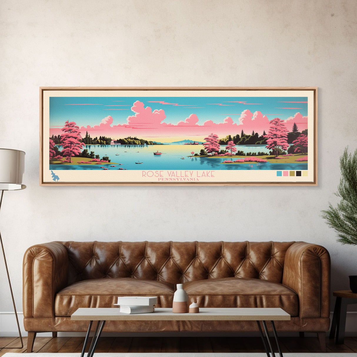 Rose Valley Lake, Pennsylvania Framed Canvas Print, Panoramic Travel Poster, Midcentury Modern Art, Bedroom Decor, Pop Art, Wall Art