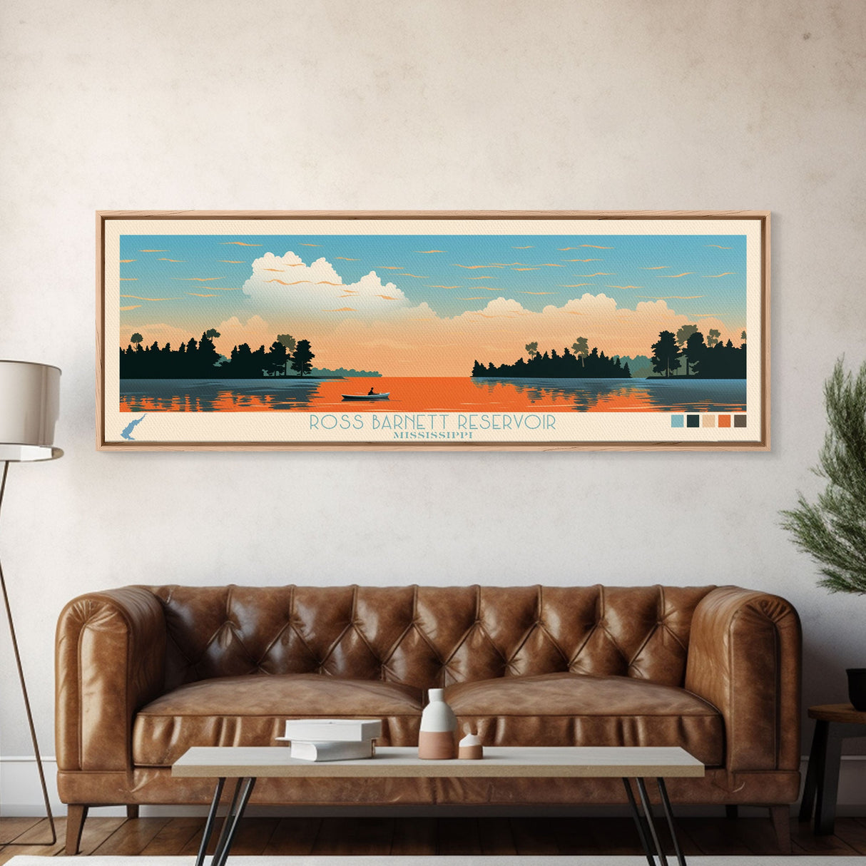 Ross Barnett Reservoir, Mississippi Framed Canvas Print, Panoramic Wall Art, Midcentury Modern Decor, Living Room Art, Pop Art, Travel Poster