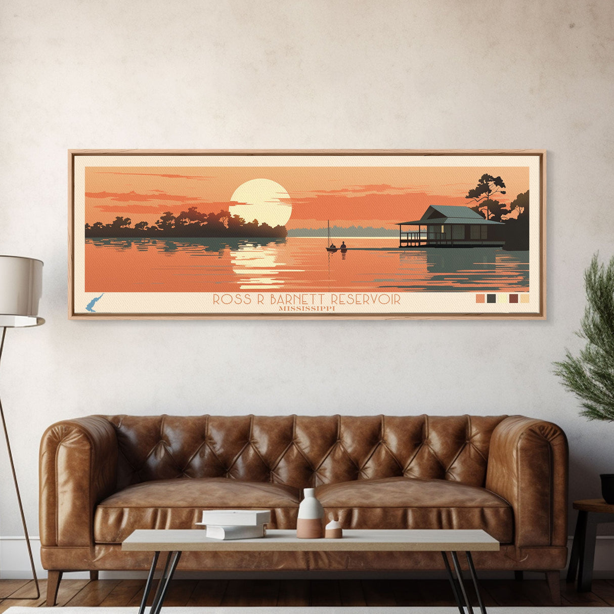 Ross R. Barnett Reservoir, Mississippi Framed Canvas Print, Panoramic Travel Poster, Midcentury Modern Art, Home Decoration, Pop Art, Wall Art