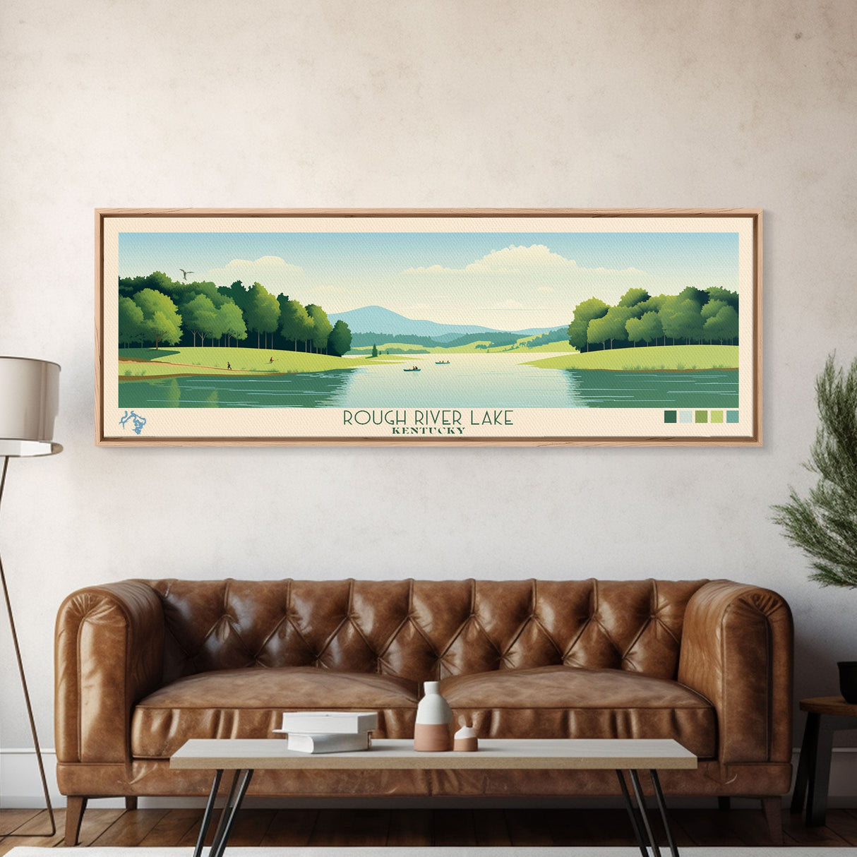 Rough River Lake, Kentucky Framed Canvas Print, Panoramic Wall Art, Midcentury Modern Decor, Bedroom Art, Pop Art, Travel Poster